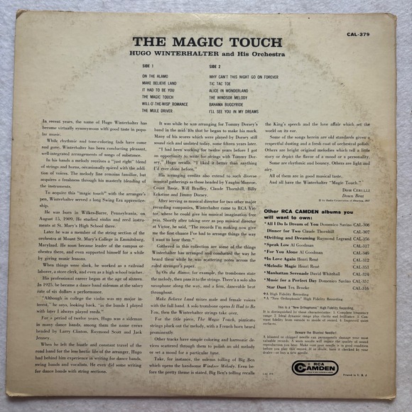 Hugo Winterhalter The Magic Touch Vinyl LP RCA Camden CAL-379 1957 Easy Listen - Picture 2 of 4